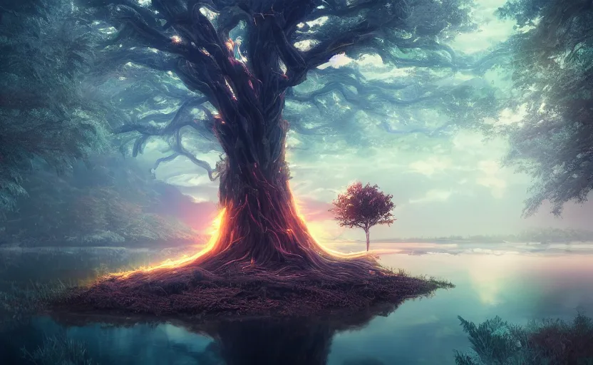 Image similar to twisted root magical tree in the middle of a lake with natural throne, anime inspired, hyper realistic, dramatic lighting, glowing leaves, 8k hdr pixiv dslr photo by Makoto Shinkai ilya kuvshinov and Wojtek Fus, digital art, concept art,