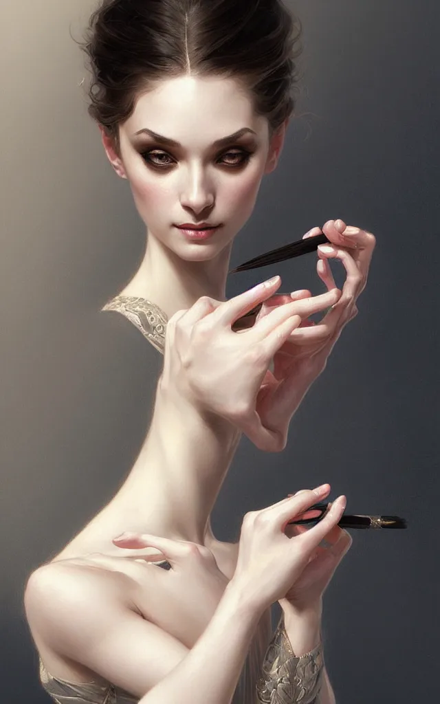 Prompt: portrait of ballerina with dark eye shadow, studio lighting, intricate, elegant, highly detailed, digital painting, artstation, concept art, smooth, sharp focus, illustration, art by artgerm and greg rutkowski and alphonse mucha