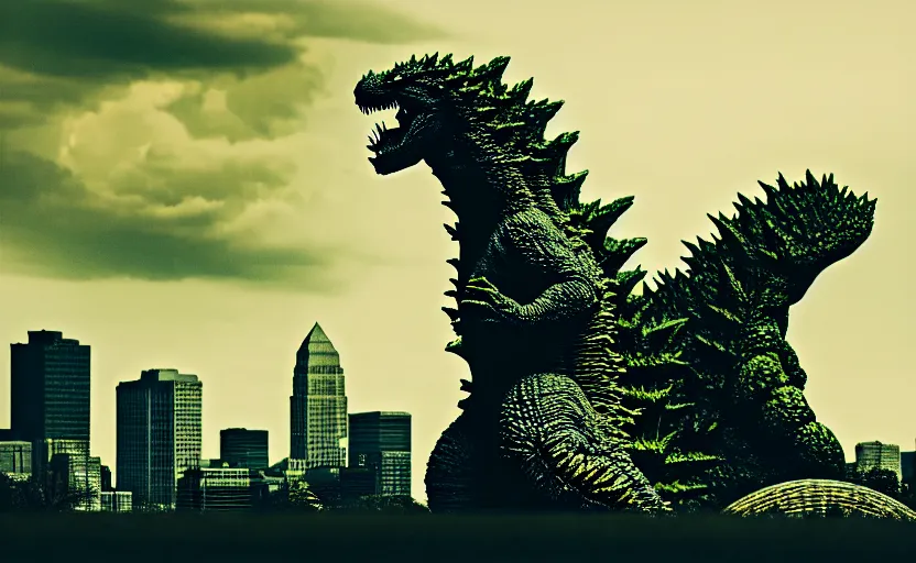 Image similar to photograph of Godzilla near Columbus Ohio, one point perspective, 1-point perspective, tilt shift, sigma 85mm f/1.4, 4k, depth of field, high resolution, 4k, 8k, hd, full color