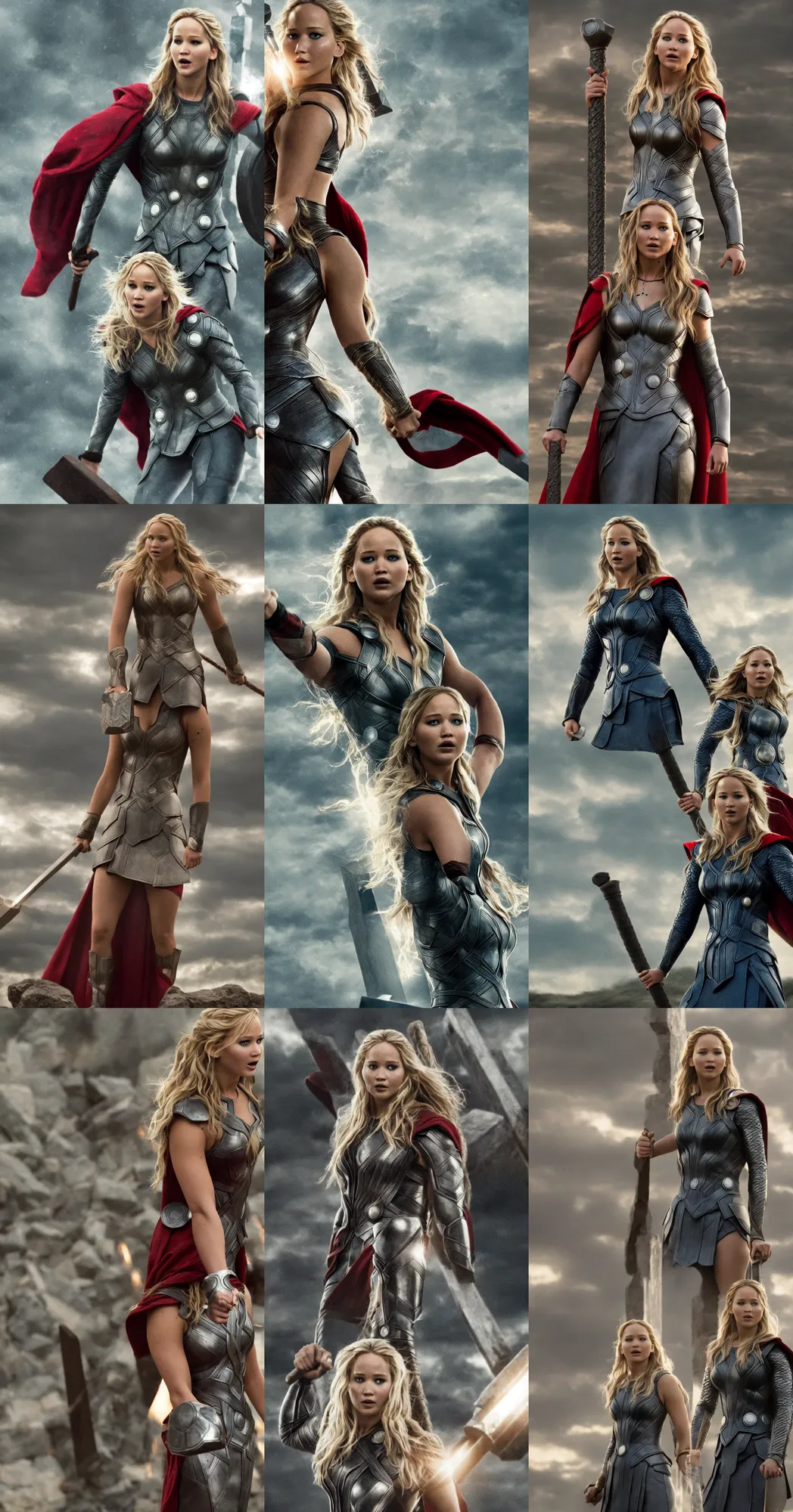 Prompt: Jennifer Lawrence as the Mighty Thor, holding Mjolnir, film still from 'Thor'