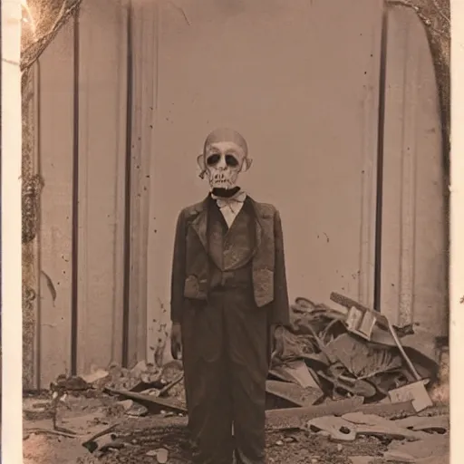 Image similar to a cabinet photo of a scary Zombie lurking at a dark corner of a demolished building at night on the 1800s