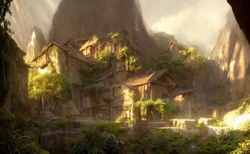 Image similar to painting of a series of opposing living quarters overlooking communal area carved into a mountain, lush garden with hot spring between, cozy bed, well maintained, clean, medieval, fantasy genre, natural light, fantasy, natural light, concept art, by greg rutkowski and craig mullins, cozy atmospheric and cinematic lighting, trending on artstation