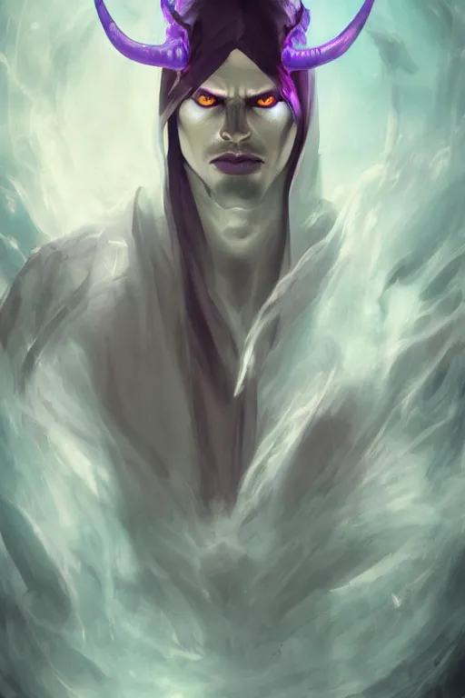 Prompt: djinn man male demon warlock, portrait, concept art, purple cloak, single face, illustration, white spiral horns, cinematic color grading, editorial photo, fashion, hyperrealism, realism, trending on artstation, Charlie Bowater, WLOP