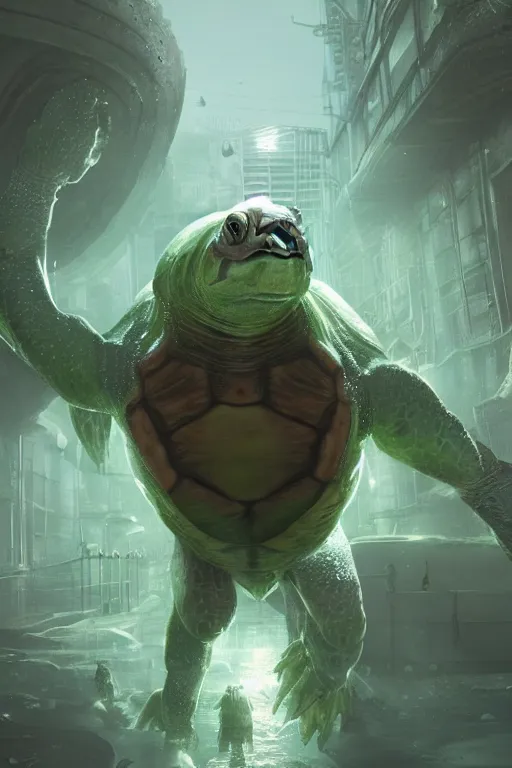 Image similar to muscular turtle man, slimy turtle man, ultra realistic digital art, character design, neon futuristic, character art by Greg Rutkowski, 4k, cinematic main character shot, volumetric lighting, full body shot, portrait