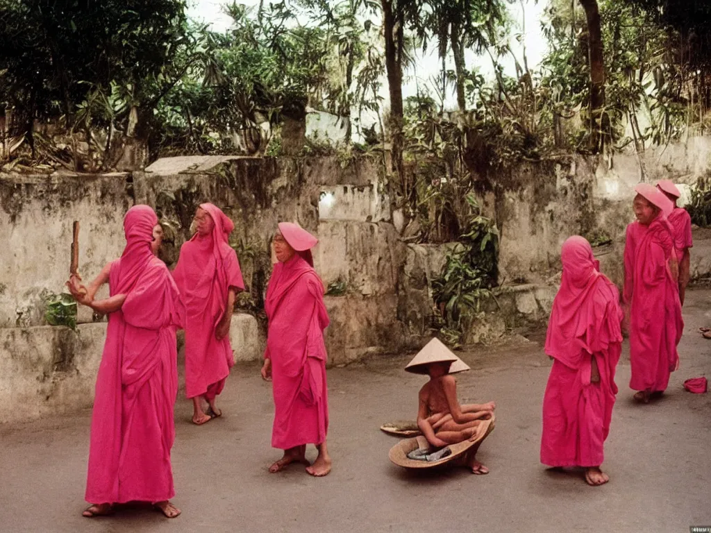 Image similar to 3 5 mm photography taken by harry gruyaert, pink monks in vietnam, sun and shadows, 1 9 7 0 s kodachrome colour photo