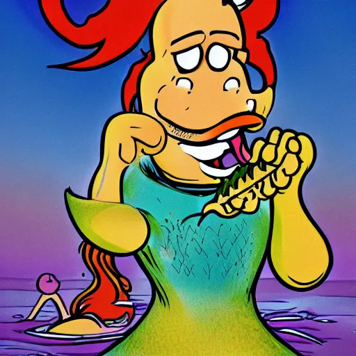 Image similar to cartoon of a man eating a mermaid by don martin, mad magazine, artstation