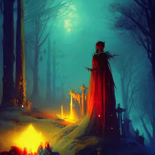 Prompt: bloody vampire princess summons burning demon serious colorful gothic ceremony 4 k high definition soft diffuse lighting artstation trending path traced contrast light and dark colorful bokeh massive scale cinematic breathtaking by paul lehr and ivan aivazovsky