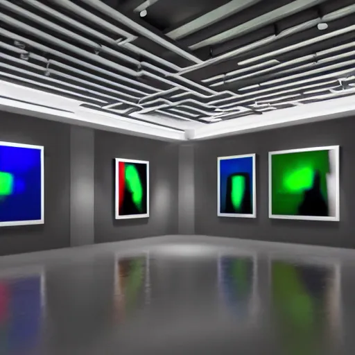 Image similar to interior view of modern futuristic art gallery detailed luminescent oil painting 4 k