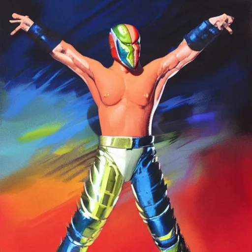 Prompt: photorealistic picture, by bob peak and alex ross, rey mysterio wwf debut, gouache and wash paints, fine details, fine intricate, fine facial proportionate, fine body proportionate, fine fix broken line, fine fix duplicate line, fine background proportionate, smooth focus, sharp details, bokeh, 4 k, fine 5 k details