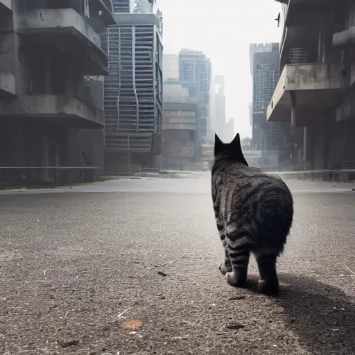 Image similar to photo of a cat walking through a dystopian futuristic cyberpunk city, highly detailed, high quality, HD, 4k, 8k, Canon 300mm, professional photographer, 40mp, lifelike, top-rated, award winning