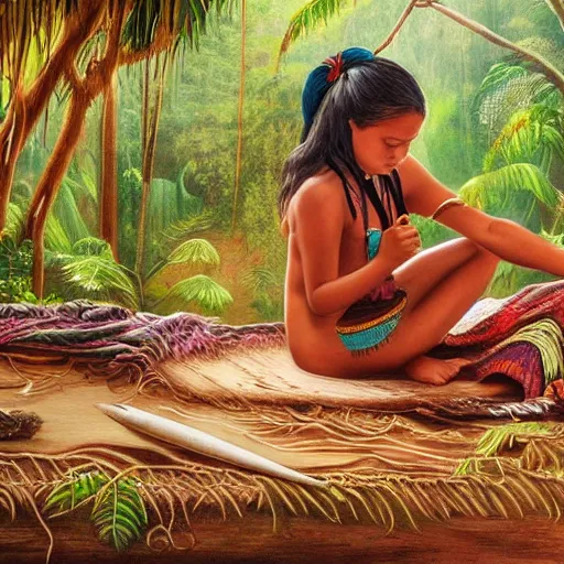 Image similar to a beautiful painting of a young indigenous female crafting a fabric in the jungle, realistic face, ayahuasca, fantasy art style, matte painting, highly detailed