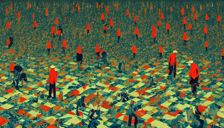 Image similar to safety cones scattered around an oak tree forest checker board forest floor, by james jean by ilya kuvshinov kintsugi, hyper detailed surrealist painting