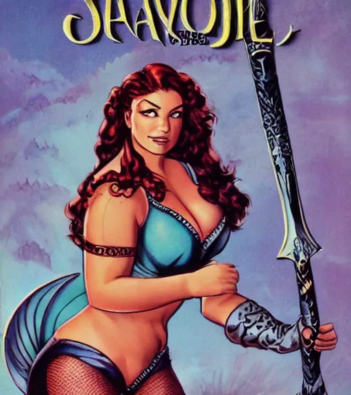 Image similar to 1 9 8 0 s fantasy novel book cover, plus size amazonian ariel winter in extremely tight bikini armor wielding a cartoonishly large sword, exaggerated body features, dark and smoky background, low quality print