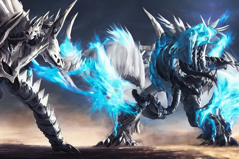 Prompt: a blue - eyes white dragon ( from the yu - gi - oh ), heavily armed and armored facing down the dark magician ( from yu - gi - oh ), in a dark and gritty version from the makers of mad max : fury road. witness me.