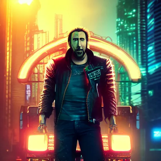 Prompt: nicolas cage portrait, cyberpunk 2 0 7 7, cyberpunk v, rogue amendiares, photorealistic, ultra detailed, neon, octane, bokeh, cinematic lighting, cyber, cyberpunk city, studio quality, feature, scars, cyberface, 8 k