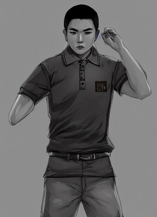 Prompt: a highly detailed illustration of fierce short black haired young asian man wearing polo shirt, dramatic thinking pose, lean, intricate, elegant, highly detailed, centered, digital painting, artstation, concept art, smooth, sharp focus, league of legends concept art, WLOP