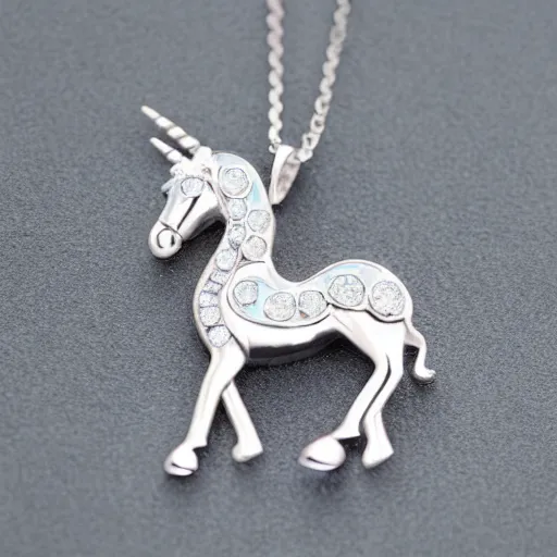 Image similar to a lovely silver cartoon unicorn necklace pendant, 3 d rendering, pandora style, tiffany style, swarovski style, van cleef & arpels style, cartier style, boucheron style, bulgari style, chaumet style, elegant, noble, stylish