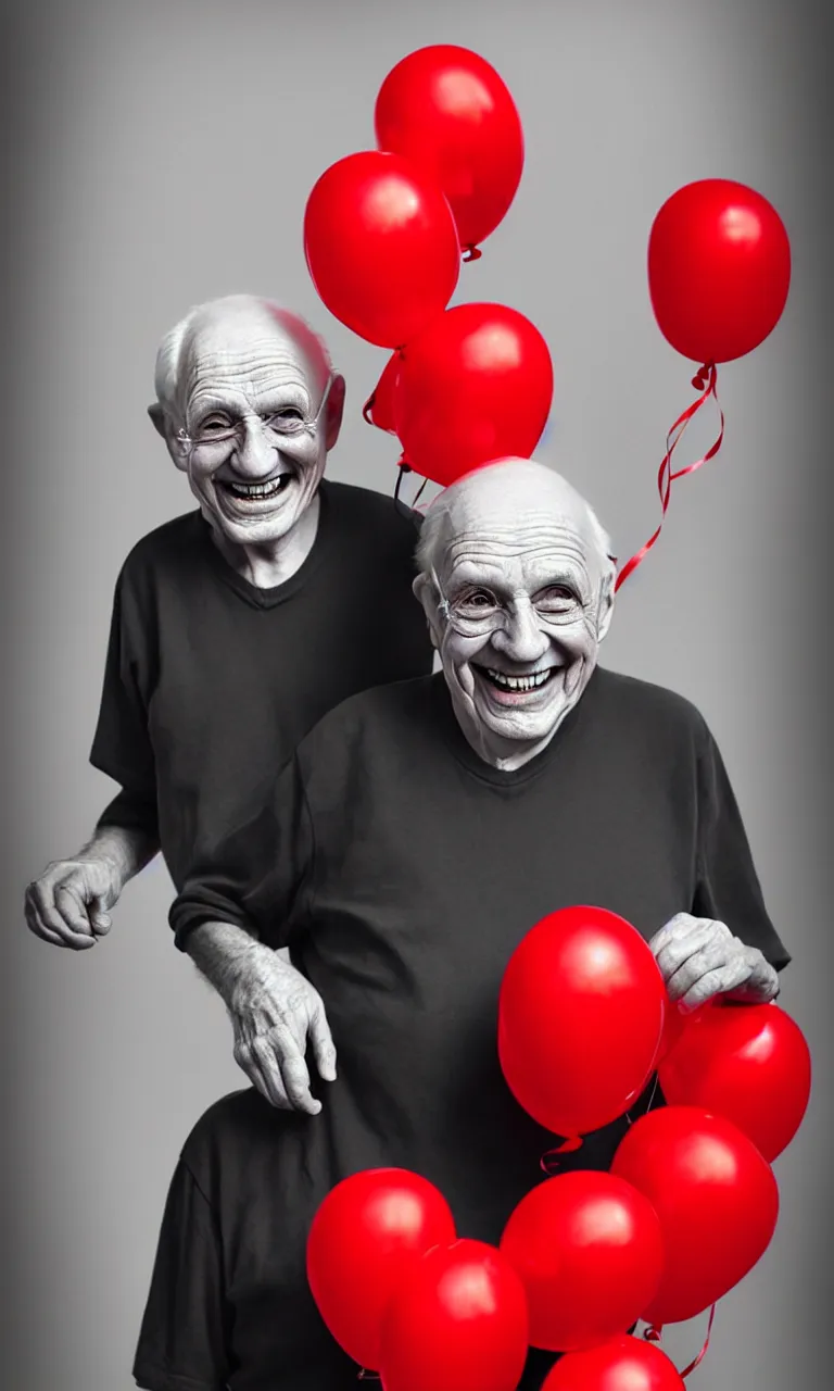 Prompt: waist up portrait of smiling old man with red balloons, highly detailed, digital painting, concept art, smooth, sharp focus, epic composition, award winning photography, gothic art, artstation, concept art, beautiful render, art by artgerm and wlop