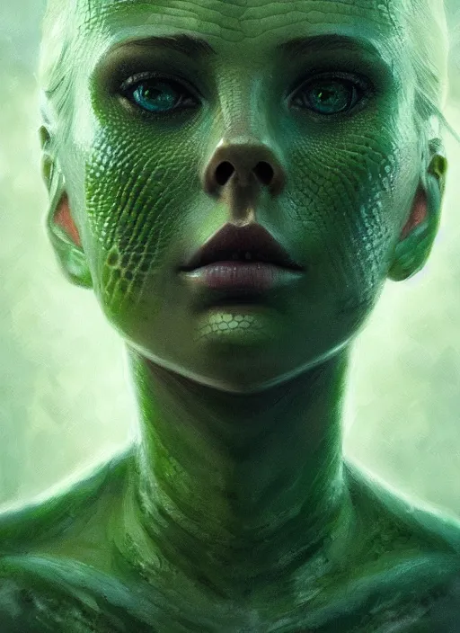 Image similar to portrait of a ominous girl, perfect green eyes, detailed reptile skin, ultra realistic, cinematic lighting, depth of field, artstation, Seb McKinnon