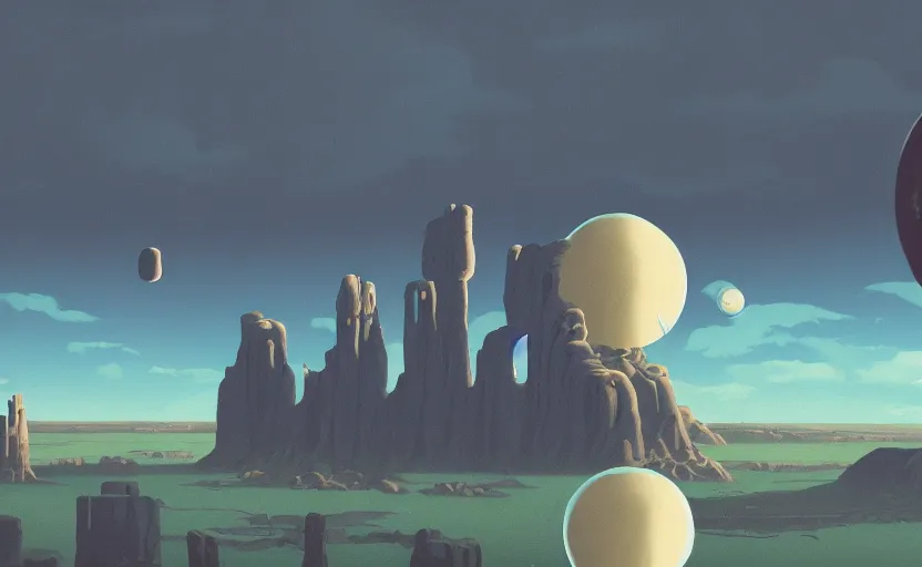 Image similar to a scary hyperrealist painting of a spaceship made of stone and a giant transparent bubble from howl's moving castle ( 2 0 0 4 ) in a flooded monument valley stonehenge jungle. depth perception, 4 k, artstation, in the style of studio ghibli