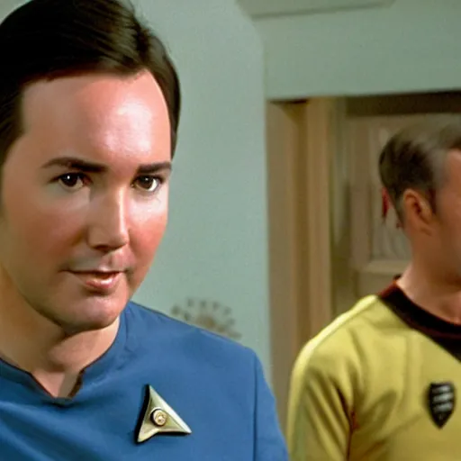 Image similar to Wesley Crusher (played by Wil Wheaton) from the USS Enterprise playing 3d chess with a vulcan, wearing slim clothes, handsome face,film still, grain, star trek series, TNG