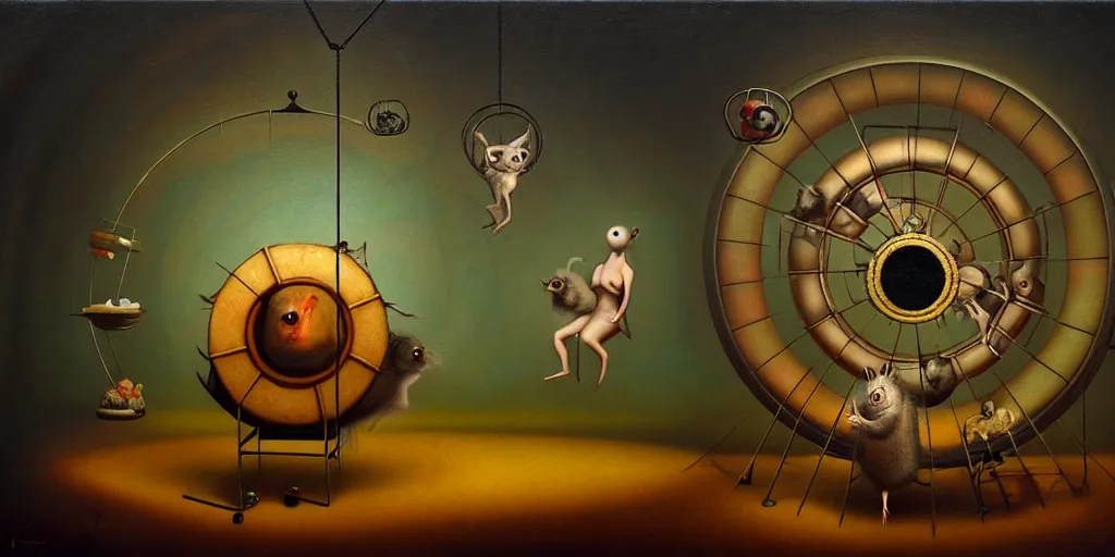 Image similar to trapped on the hedonic treadmill like a hamster on a wheel, dark surreal oil painting by ronny khalil, shaun tan, and leonora carrington