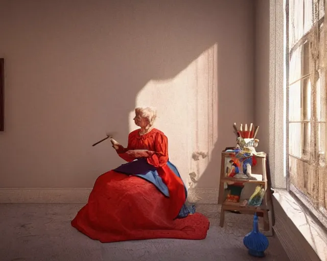 Image similar to an innocent and beautiful scene in hyper realistic style, about an old and lonely woman painting a huge colorful fish on the wall, lighting from the barred window. shadows. victorian dress. 4 k. wide angle. wild. red mouth, blue eyes. deep focus, lovely scene. ambient occlusion render. unreal engine.