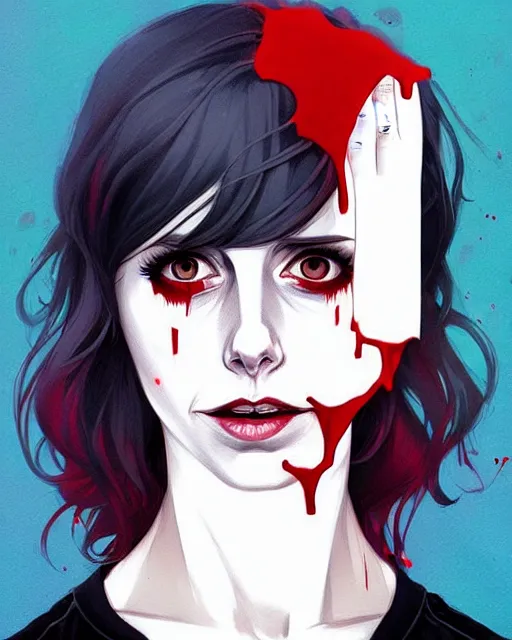 Prompt: loish, artgerm, Joshua Middleton art, pretty female Alison Brie serial killer holding bloody knife, blood on clothes and face, sarcastic smile, symmetrical eyes, symmetrical face, full body, jean jacket, jeans, short blonde hair, middle shot, night time, deep blacks