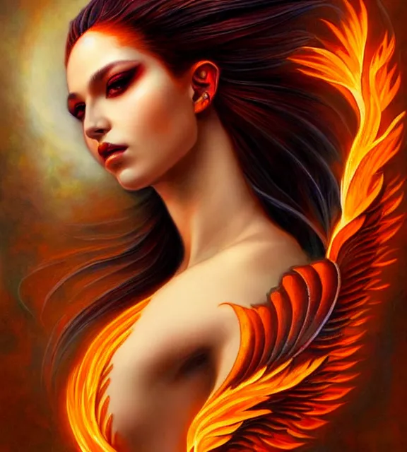 Prompt: phoenix goddess, fiery tattoos, portrait, digital art by artgerm and karol bak