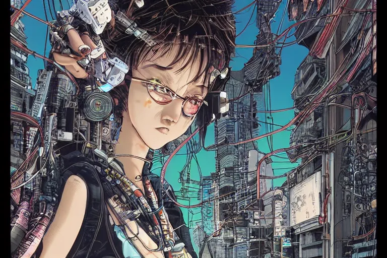 Image similar to an intricate, awe inspiring cyberpunk illustration of a girl with balloon, wires and cables coming out, by masamune shirow and katsuhiro otomo ((colorful))