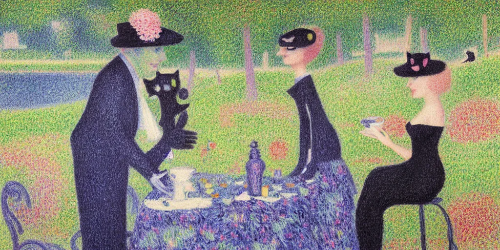 Prompt: anthropomorphic black cat in a suit serving tea to a lady in a beautiful blue dress on a boat, garden, flowers, lake, pastel colors, anthropomorphic cat, sunny, sharp focus, highly detailed, pointillist style, art by Georges Seurat, painting, masterpiece