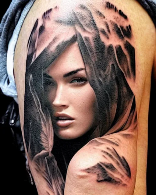 Image similar to creative double exposure effect tattoo design sketch of megan fox faded in beautiful mountain scenery, realism tattoo, in the style of matteo pasqualin, amazing detail, sharp