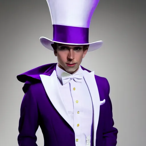 Image similar to a purple skinned tiefling wearing a white suit and tophat