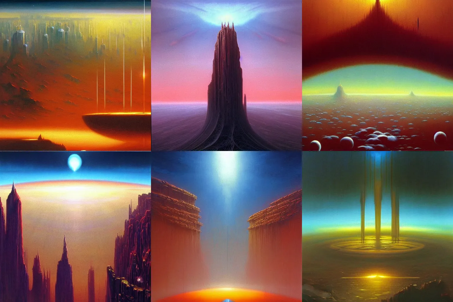Prompt: bekskinski megacity no mead of masterpiece - dredd one painting in moebius sky from judge syd cloisonnism mans