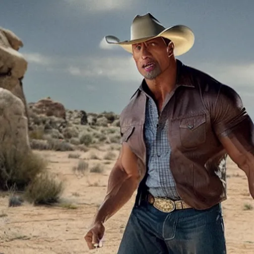 Image similar to film still , Dwayne Johnson as cowboy