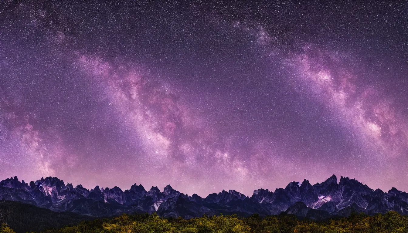 Image similar to night view of mountains and the milky way, vivid purple hues, 8k photography