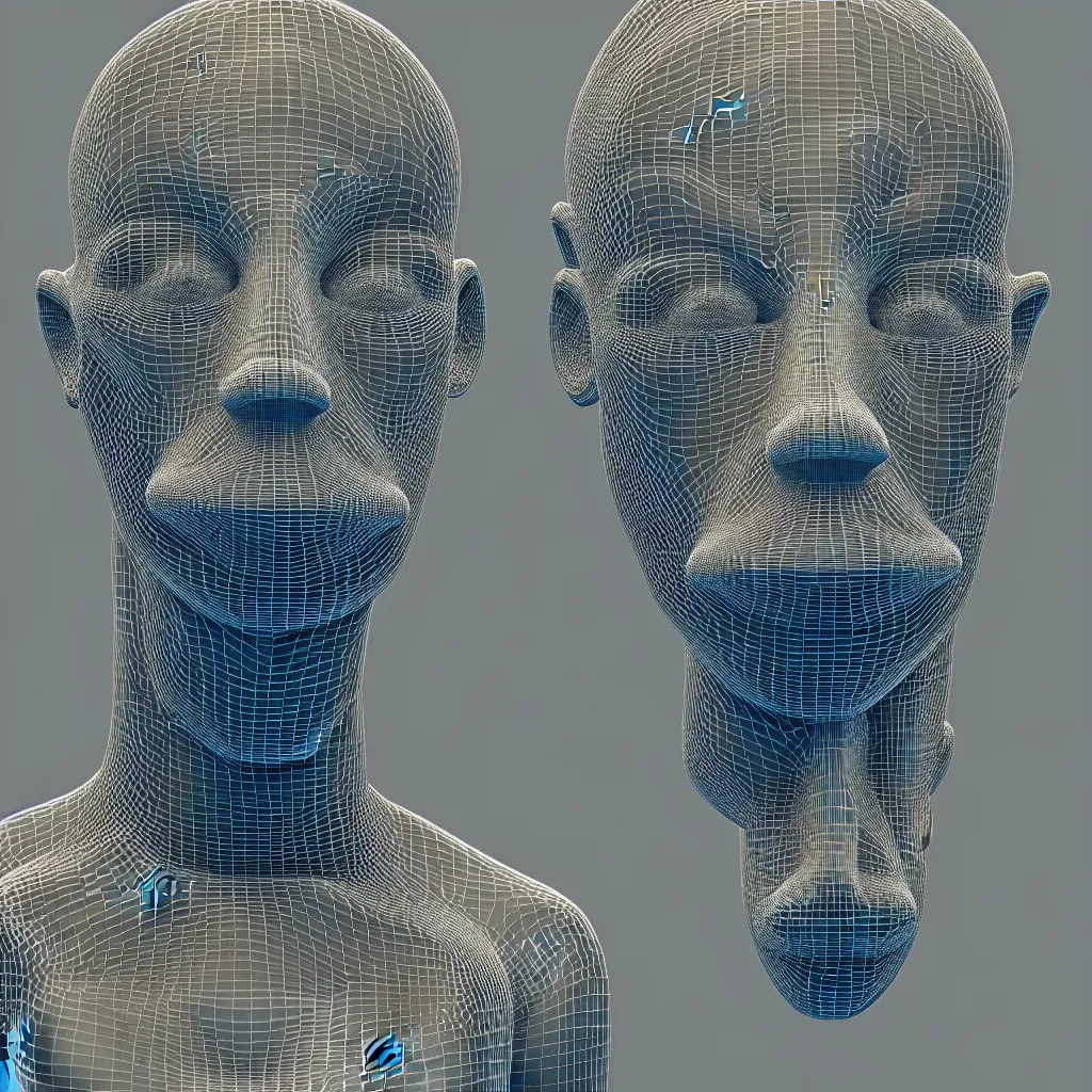 Image similar to 3 d render of an metallic wireframe of a human head, sculpture, chrometype, liquid metal, neotribal, raytraced, volumetric lightning, 8 k, by zhelong xu, tooth wu, wlop, ouchh and and innate studio