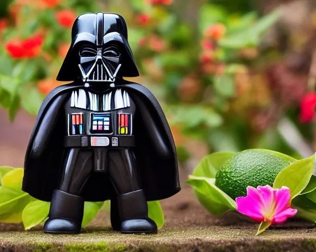 Prompt: 8 5 mm photography of darth vader in an avocado costume near a garden with sand with dof and bokeh and flowers