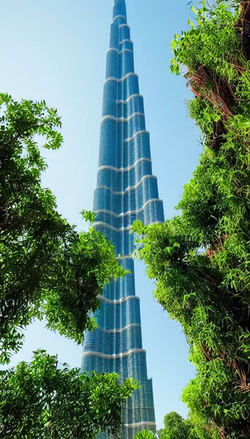 Image similar to the burj khalifa with plants and vines and greenery growing on it. in a beautiful green metropolis surrounded by flowers, trees and greenery.