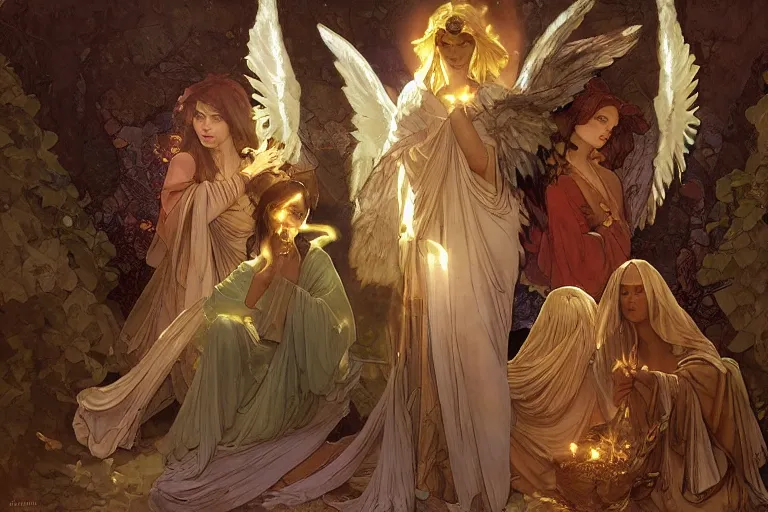 Image similar to inside a tomb, dark scene, light coming in from the left, 3 women crouching in colored robes, 2 angels with feathered wings | medium close | fibonacci composition, by artgerm, greg rutkowski, alphonse mucha