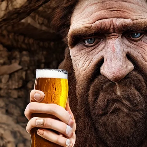 Image similar to photo of ancient caveman surprised to discover beer for the first time, high detail, ultra realistic, 4k UHD, pristine