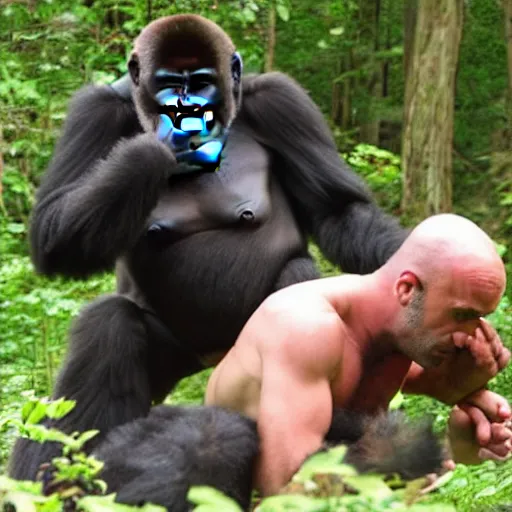 Image similar to joe rogan wrestling a gorilla in the dmt forest