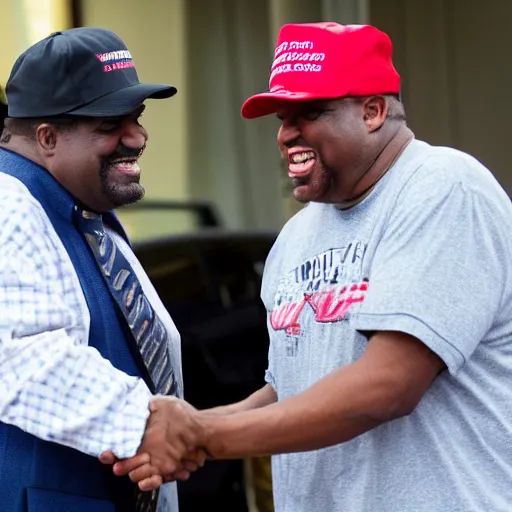 Image similar to patrice o'neal and donald trump shaking hands while smiling and laughing, ultra realistic, 8 k, photorealistic