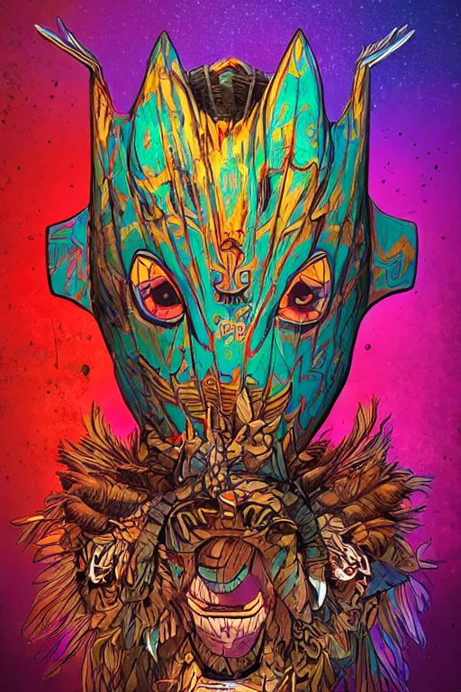 Image similar to totem animal tribal chaman vodoo mask feather gemstone plant wood rock video game illustration vivid color borderlands by josan gonzales and dan mumford radiating a glowing aura