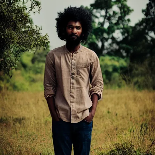 Image similar to east african male, curly hair, muslim, in vast field, beautiful scenery, nature, vintage, dreamy, pastel, thoughtful, intricate details