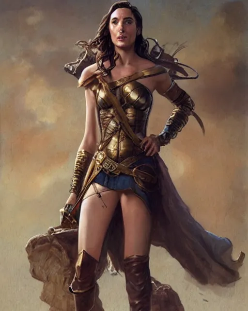 Prompt: highly detailed steampunk gal gadot standing : leonardo da vinci, greg rutkowski, magali villeneuve