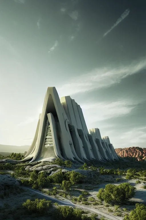 Image similar to sci - fi concrete brutalist architecture in white pocket utah, zaha hadid, beksinski, photoreal, highly detailed, 8 k, hd, vray, artstation, trending on behance, cinematic matte painting, extreme detail photo quality, green moss, sunrays, sunset, featured on behance