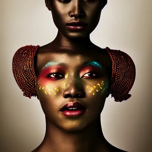 Image similar to A beautiful artistic portrait by Zhang Jingna, african tribal makeup, beautiful lighting, fashion photography