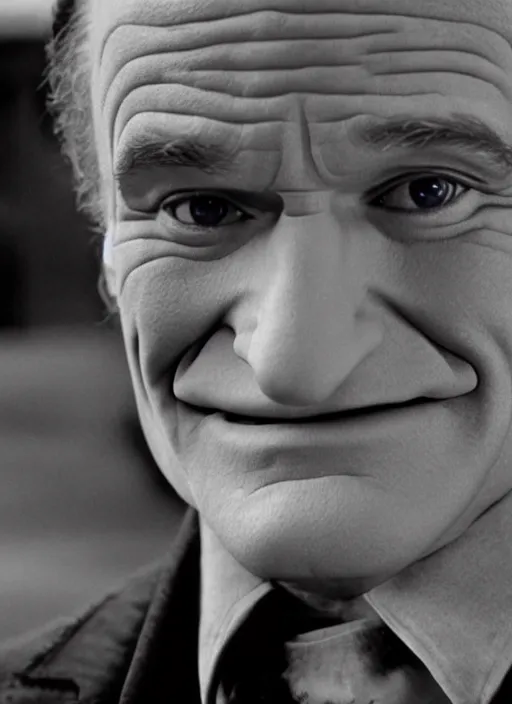 Image similar to film still of Robin Williams as The Joker in The Dark Knight, 4k