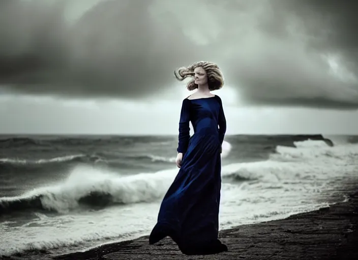 Image similar to cinestill 5 0 d half - length portrait photo portrait of a woman britt marling 3 / 4 style of nicholas fols, 1 5 0 mm, dress in voile, hair like dark clouds, hair in wind, head in focus, mute dramatic colours, soft blur outdoor stormy sea background, volumetric lighting, hyper detailed, hyper realistic